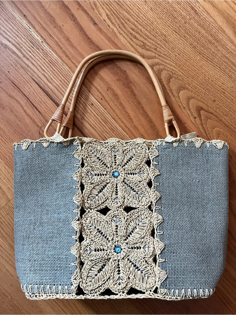 Bamboo54 Blue Woven Tote Bag with Raffia Floral Appliqué & Bamboo Handles